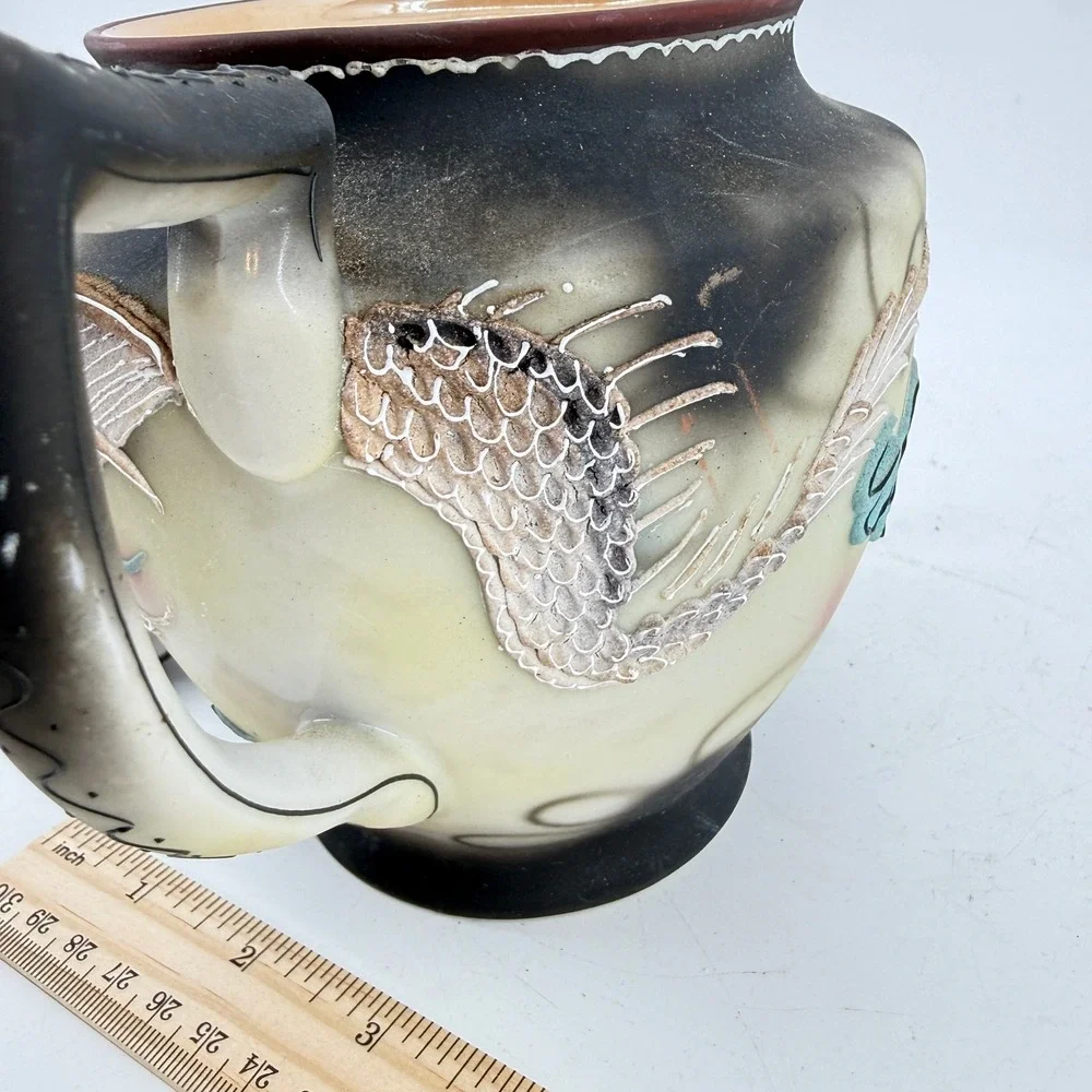 Moriage Dragon Teapot Raised Texture Decor Japan VTG Porcelain Large Black Cream